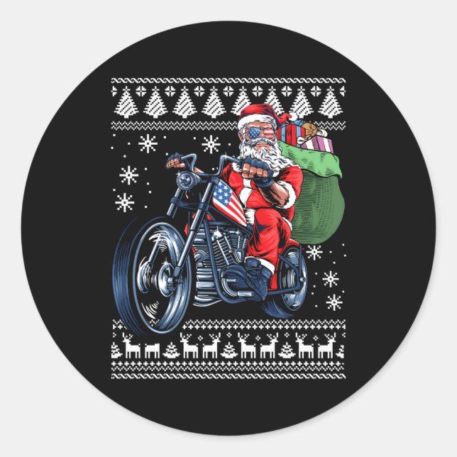 Santa Claus With Motorcycle Tree Ugly Classic Round Sticker (Front)