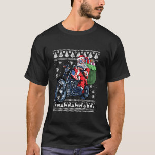 Santa Claus With Motorcycle Xmas Tree Ugly Christm T-Shirt