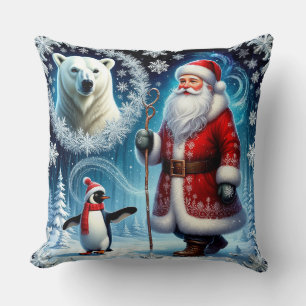 Santa Claus With Polar Bear And Penguin Cushion