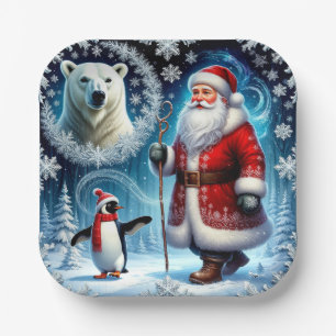 Santa Claus With Polar Bear And Penguin Paper Plate
