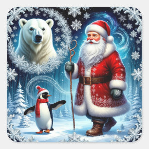 Santa Claus With Polar Bear And Penguin Square Sticker