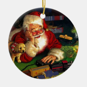 Santa Claus With Puppy Ceramic Ornament