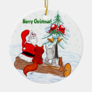 Santa Claus with Rabbit Fox and Squirrel Ceramic Ornament