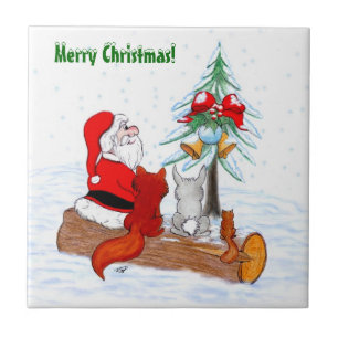Santa Claus with Rabbit Fox and Squirrel Ceramic Tile
