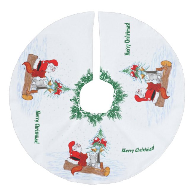Santa Claus with Rabbit Fox and Squirrel Faux Linen Tree Skirt (Front)