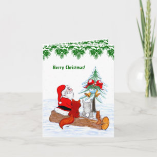 Santa Claus with Rabbit Fox and Squirrel Holiday Card