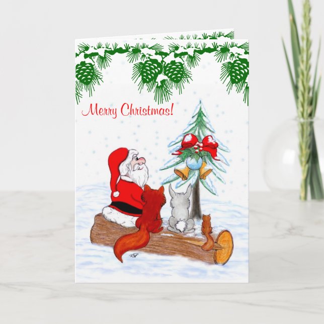 Santa Claus with Rabbit Fox and Squirrel Holiday Card (Front)
