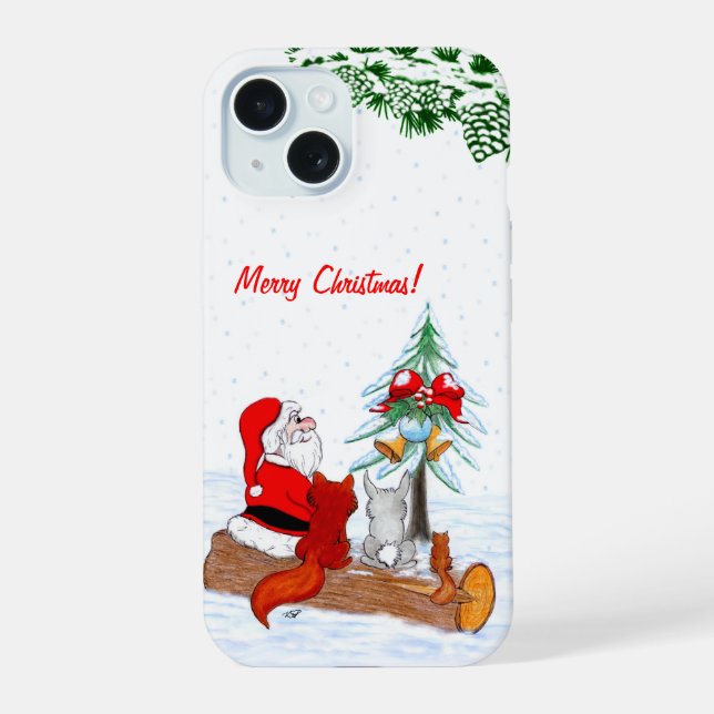 Santa Claus with Rabbit Fox and Squirrel iPhone 15 Case (Back)