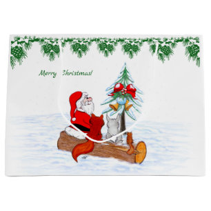 Santa Claus with Rabbit Fox and Squirrel Large Gift Bag