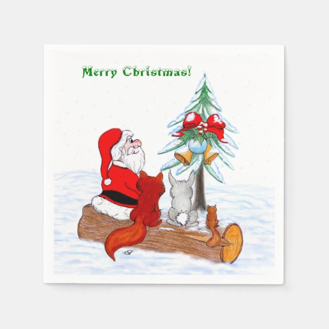 Santa Claus with Rabbit Fox and Squirrel Napkin (Front)