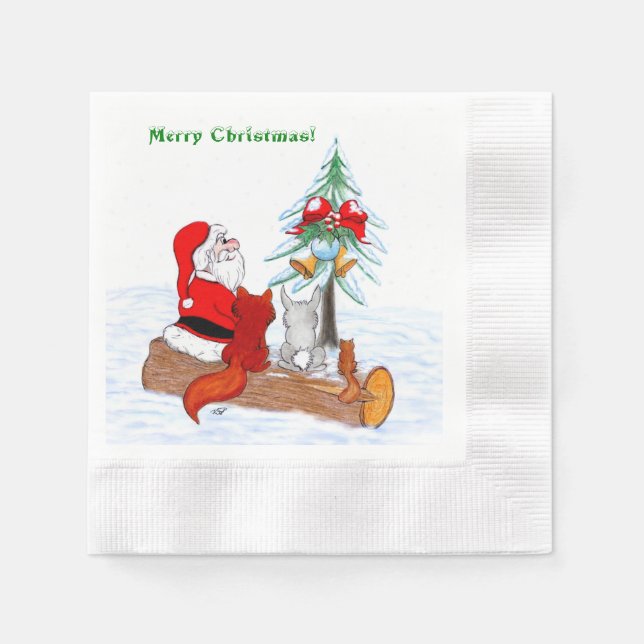 Santa Claus with Rabbit Fox and Squirrel Napkin (Front)