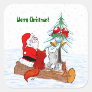 Santa Claus with Rabbit Fox and Squirrel Square Sticker