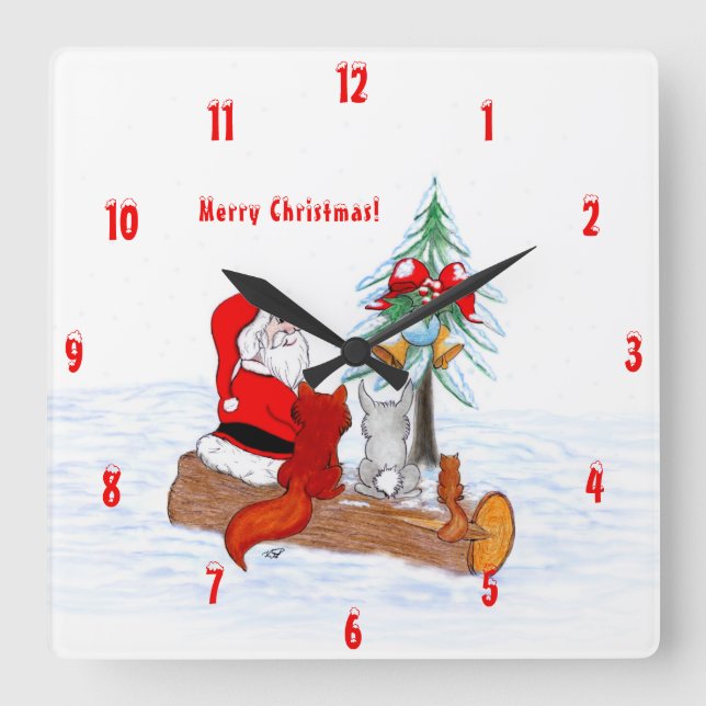 Santa Claus with Rabbit Fox and Squirrel Square Wall Clock (Front)