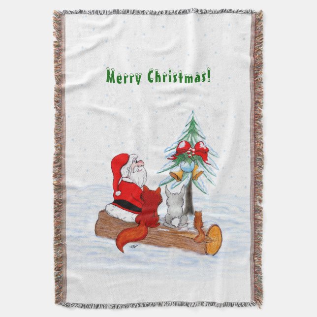 Santa Claus with Rabbit Fox and Squirrel Throw Blanket (Front Vertical)