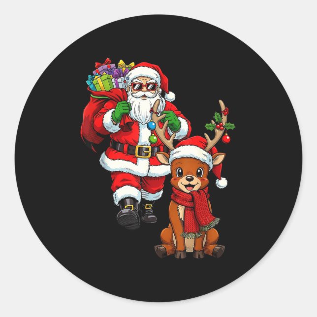 Santa Claus With Reindeer And Cool Christmas  Classic Round Sticker (Front)