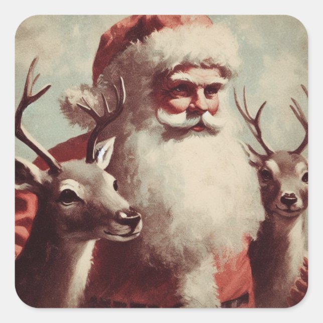 Santa Claus with Reindeer Vintage Illustration Square Sticker (Front)