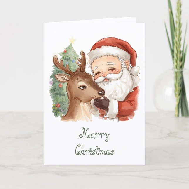 Santa Claus with reindeer & whimsical Christmas Card (Front)