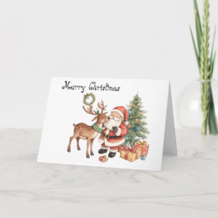 Santa Claus with reindeer whimsical Greeting Card