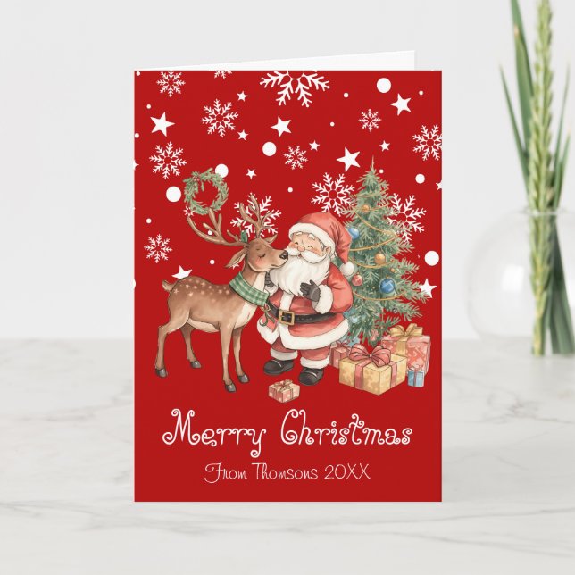 Santa Claus with reindeer whimsical Greeting Card (Front)