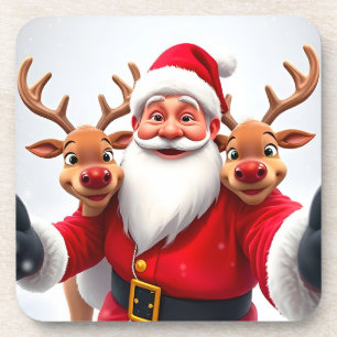 Santa Claus with Reindeers Celebrating Christmas Coaster