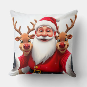 Santa Claus with Reindeers Celebrating Christmas Cushion