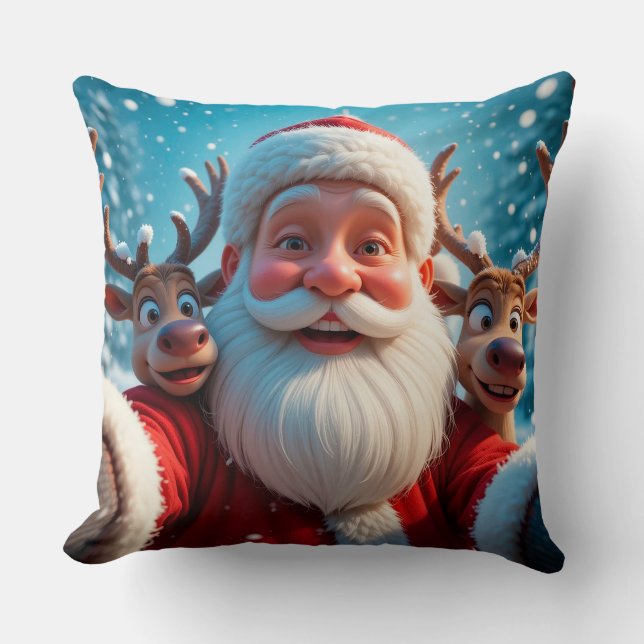 Santa Claus with Reindeers Celebrating Christmas Cushion (Front)