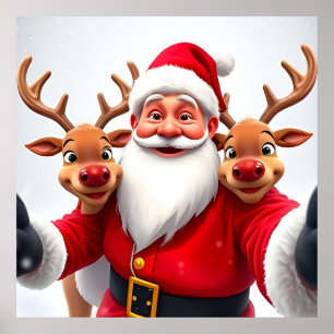 Santa Claus with Reindeers Celebrating Christmas Poster