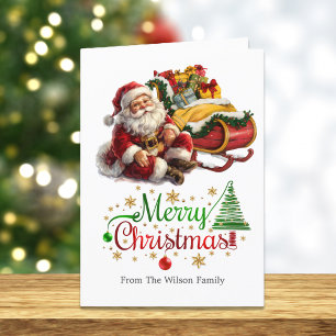 Santa Claus with Sleigh Full of Gifts Christmas Holiday Card