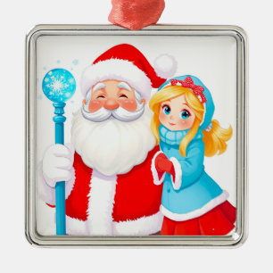 Santa Claus With Snow Maiden in Winter Attire Metal Ornament