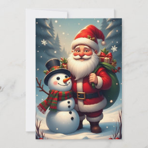 Santa Claus with Snowman in Christmas scene Card