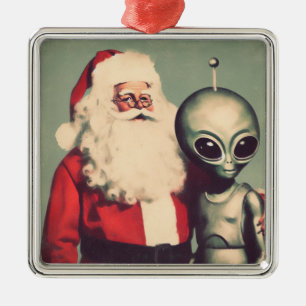 Santa Claus with Space Alien Sci Fi Christmas  Metal Ornament