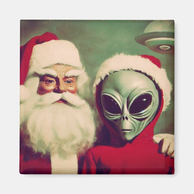 Santa Claus with Space Alien UFO Christmas  Magnet (Front)