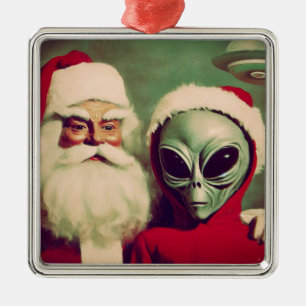 Santa Claus with Space Alien UFO Christmas Metal Ornament
