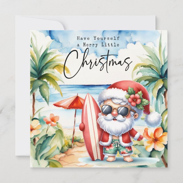 Santa Claus with Surf Board from Hawaii  Christmas Holiday Card (Front)