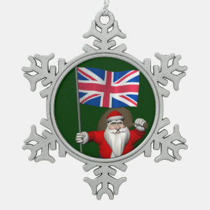 Santa Claus With Union Flag Of The UK Snowflake Pewter Christmas Ornament