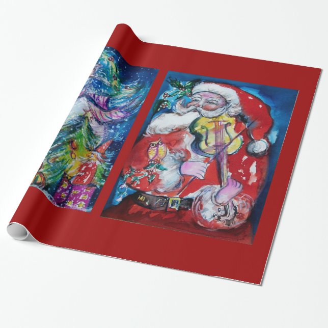 SANTA CLAUS WITH VIOLIN/ SNOWMAN AND XMAS TREE WRAPPING PAPER (Unrolled)