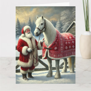 Santa Claus with White Horse on Snowy Farm Card
