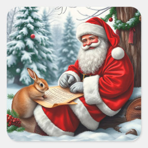 Santa Claus Writing a Letter in a Snowy Forest Square Sticker