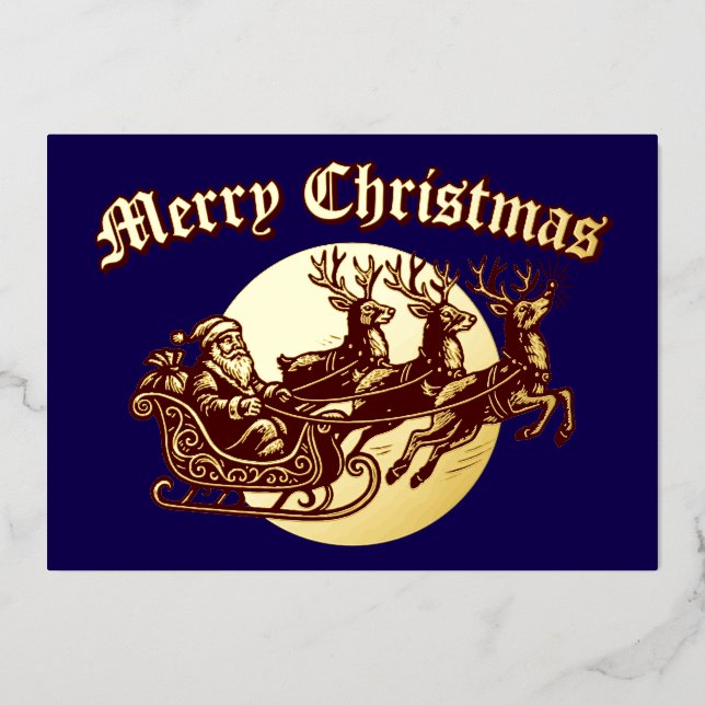 Santa Clause In Sleigh & Reindeer Christmas Foil Holiday Card (Front)