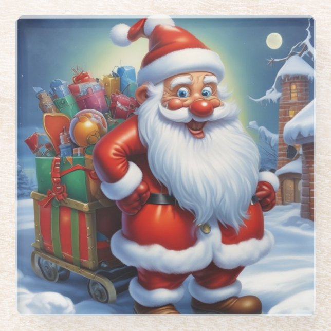 Santa Clause Merry Christmas Happy New Year Glass Coaster (Front)