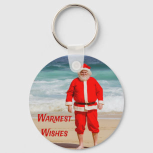 Santa Clause on Beach Warmest Wishes Funny Humor Key Ring