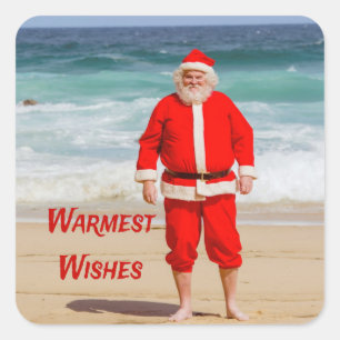 Santa Clause on Beach Warmest Wishes Funny Humor Square Sticker