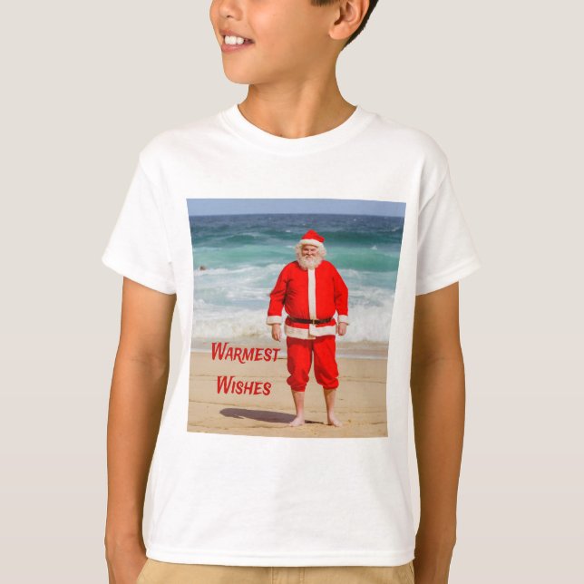Santa Clause on Beach Warmest Wishes Funny Humor T-Shirt (Front)