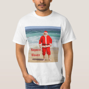 Santa Clause on Beach Warmest Wishes Funny Humour T-Shirt