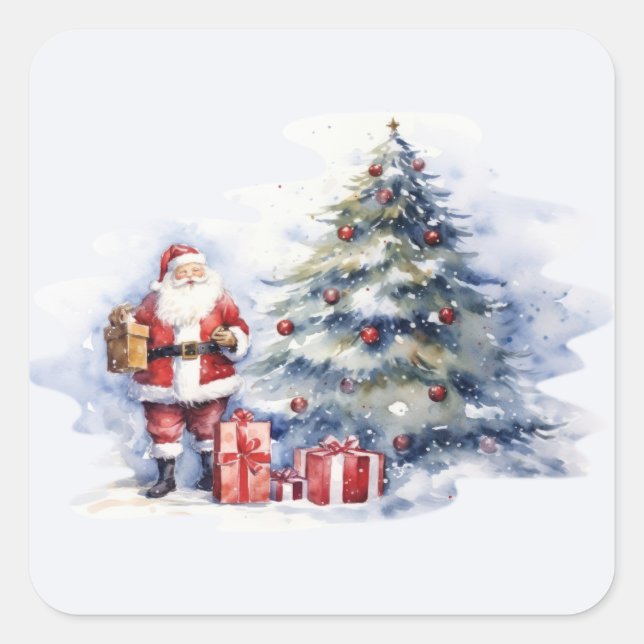 Santa Clause snow Christmas tree and presents Square Sticker (Front)