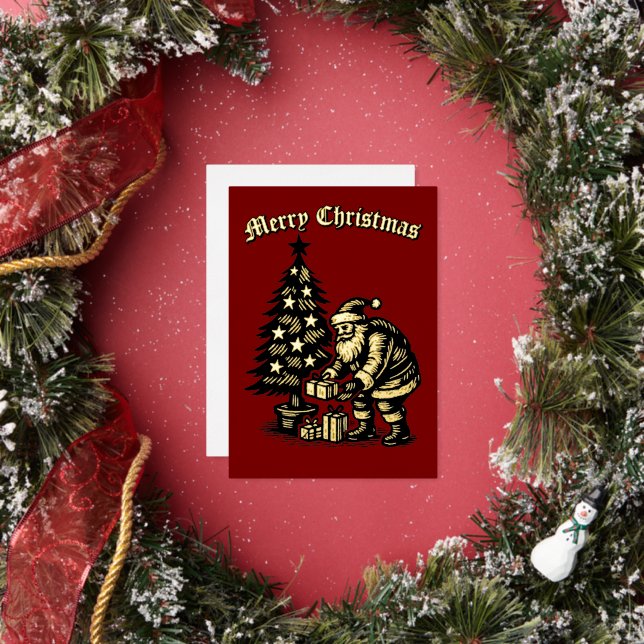 Santa Clause Under Christmas Tree Foil Holiday Card (Insitu)