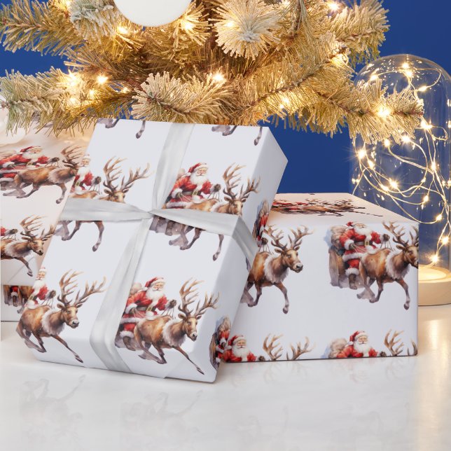 Santa Clause with a reindeer pulling his sleigh Wrapping Paper (Holidays)
