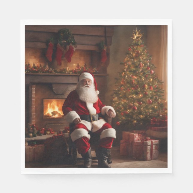 Santa Clause with Christmas Tree & Fireplace Napkin (Front)