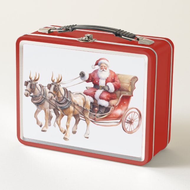 Santa Clause with horses wearing reindeer antlers Metal Lunch Box (Front)