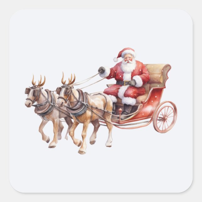 Santa Clause with horses wearing reindeer antlers Square Sticker (Front)